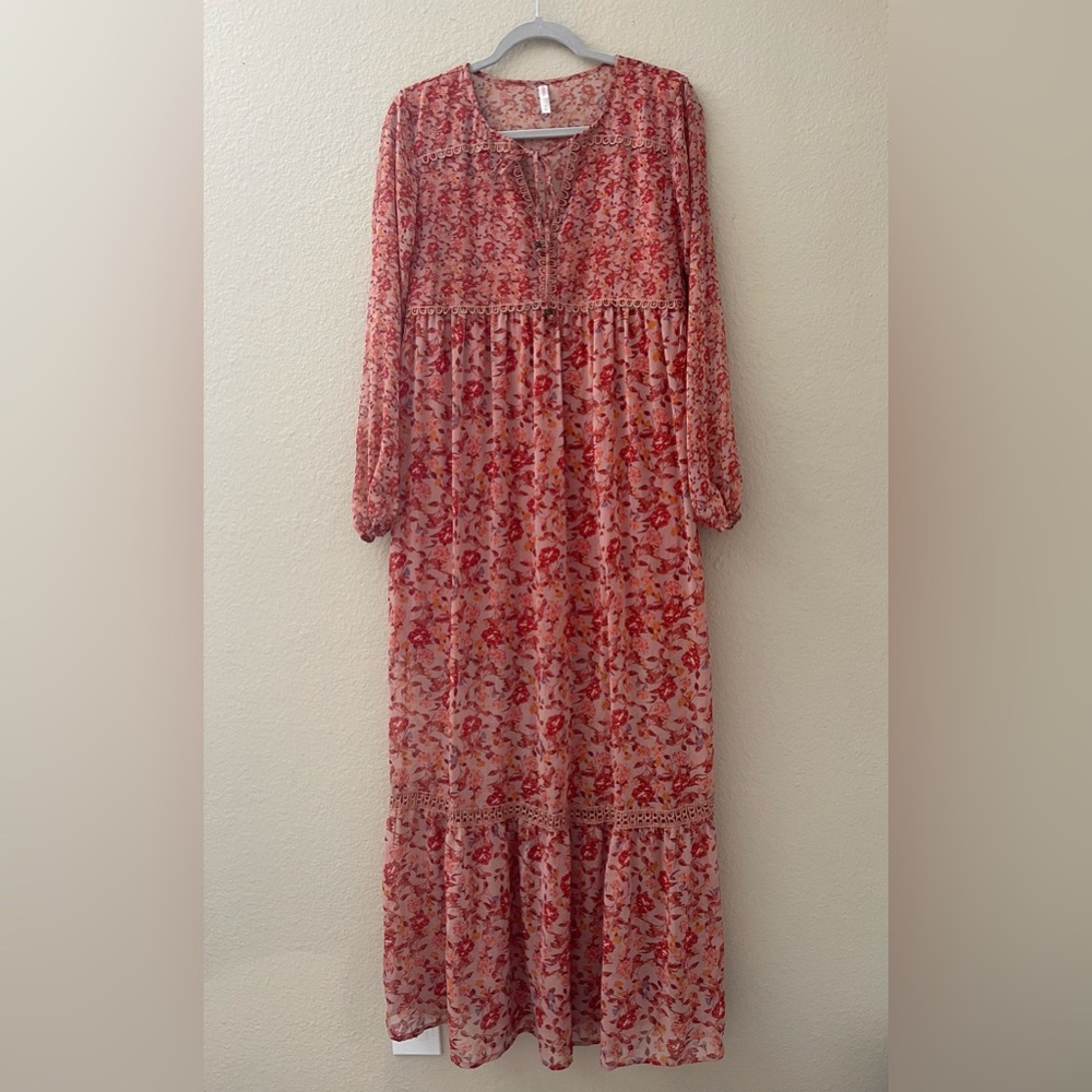 Xhilaration Red Floral Ruffle Tiered Boho Maxi Dress
